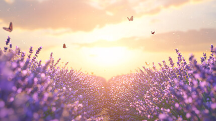 Fototapeta premium Lavender Fields at Sunrise with Butterflies in a Golden Glow