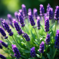 Obraz premium Abundant purple lavender blooms, lush green foliage, bright, scent