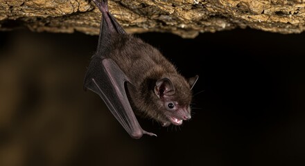 Fototapeta premium Close up of a Japanese pipistrelle bat hanging in a dark cave with a faint glowing aura - This showcases a Japanese pipistrelle bat with dramatic lighting and intricate fur textures