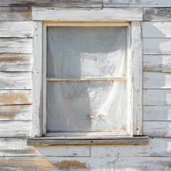 Weathered White House Window with Lace Curtain