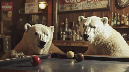 Polar bears play pool in a bar