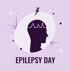 Support for people with epilepsy. Silhouette of a person, electrical impulses in the human brain, lightning, lavender, purple colors. Vector eps 10.