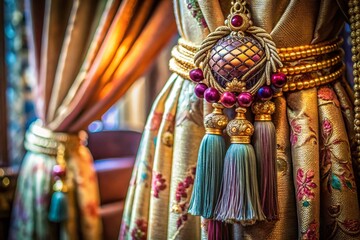 Fototapeta premium Close-up of Luxurious Sparkling Tieback Tassel Curtain Accessory with Gemstone Details