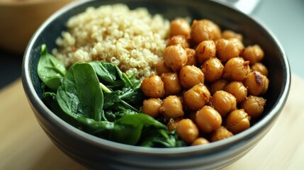 Healthy Buddha Bowl with Spinach and Roasted Chickpeas