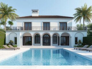 Fototapeta premium Coastal mansion with multilevel terraces and direct beach access, pure luxury