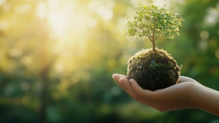 A hand holding a small moss-covered globe with a tree, symbolizing environmental care and growth