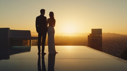 Plakat Bride and groom sharing a quiet moment alone on a modern rooftop with a panoramic city view at sunset, capturing romance and simplicity 