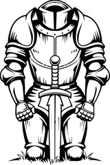Fototapeta premium Dark fantasy vector features a Grim Reaper skeleton in SVG format.Headless Knight Armor with Sword and Grass Background Design