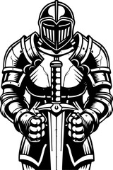Obraz premium Dark fantasy vector features a Grim Reaper skeleton in SVG format. Strong Knight in Armor with Sword Ready for Battle and Adventure