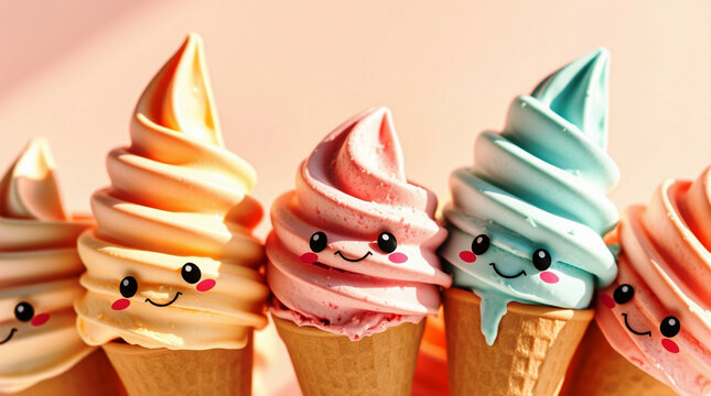 Colorful kawaii Ice cream cones with smiling faces on the pink background