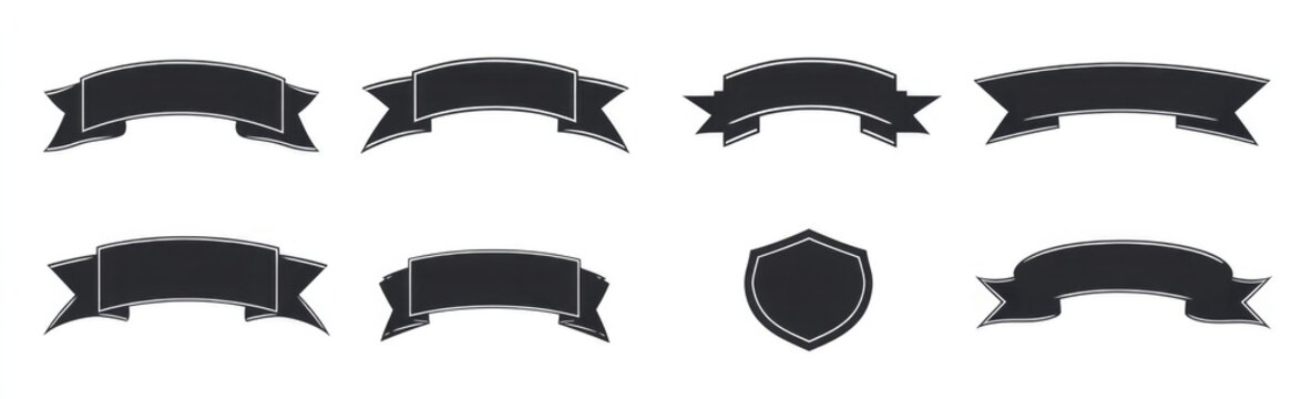 A variety of black banners and a shield are displayed on a white background, ideal for design purposes, representing strength, authority, and tradition.