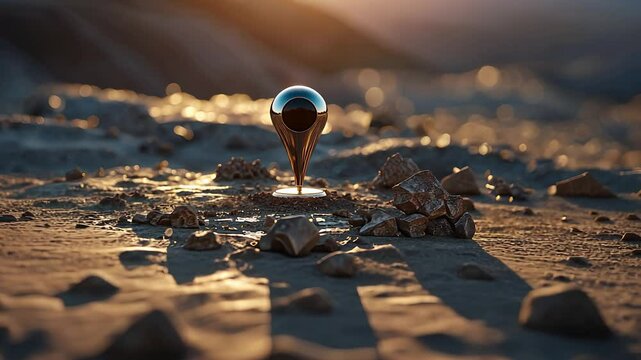 Futuristic Metallic Sphere Floating Over Desert Landscape with Dramatic Lighting and Sci-Fi Aesthetic in Surreal Setting

