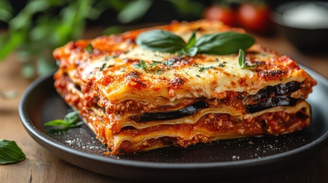Homemade lasagna with meat sauce, eggplant, and basil on a dark plate