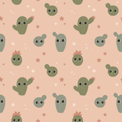 Seamless vector pattern with cacti in cartoon cute style