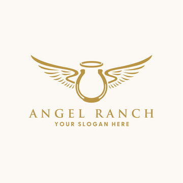 Elegant Classic Angel Horse Ranch Logo, Horseshoe logo, Angel logo.
