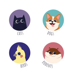 Pet icons with different types of pets - cats dogs rodents parrots