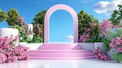 A serene garden scene featuring a pink archway surrounded by lush greenery and vibrant flowers under a bright blue sky.