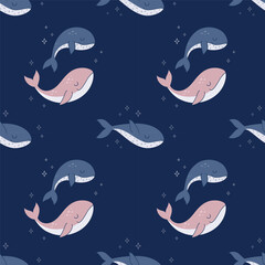 Seamless pattern with cute whales swimming in the sky with stars