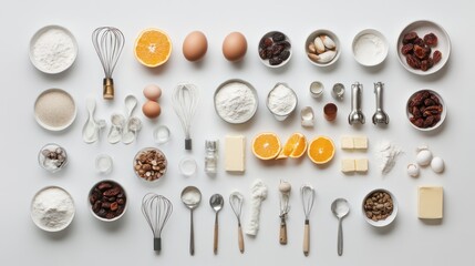 Baking ingredients, tools arranged on white background, recipe preparation