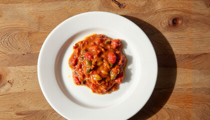 Fototapeta premium Realism food photography dollop of harissa on white plate, minimalistic aesthetic