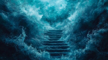 Obraz premium Surreal Scene of Turbulent Waves Surrounding Mysterious Staircase Leading to Unknown Depths of the Oceanic Abyss
