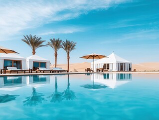 Fototapeta premium Desert oasis estate with luxury tents and palmlined pools, exotic retreat
