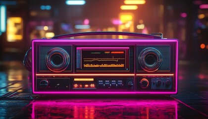 Vintage 80s boombox with neon lights and bright colors, radiating retro music culture, nostalgic vibe, dynamic lighting, highresolution, ultrarealistic, 8K clarity