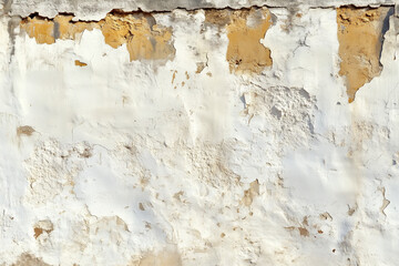 Aged white adobe style plaster wall with sun worn texture and peeling paint, showcasing rustic and weathered appearance