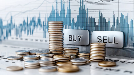 Investing in stock market trends with coins and buy sell buttons, showcasing financial growth and trading strategies