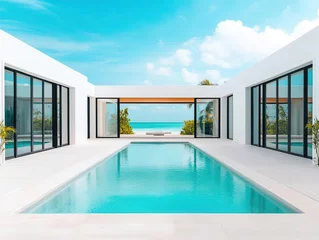 Fototapeten Secluded beachfront villa with glass walls and ocean breeze, tropical elegance © Creator88