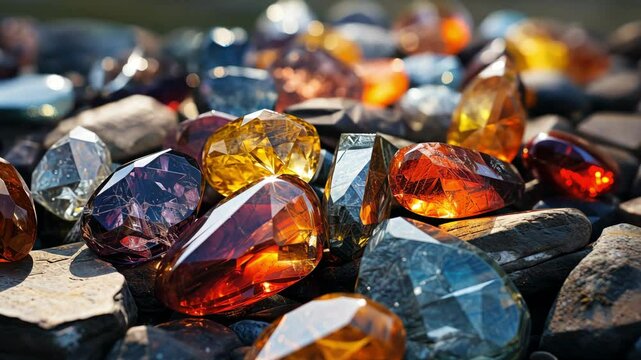 Colorful gemstones. Natural minerals. Multicolored shiny stones close-up.