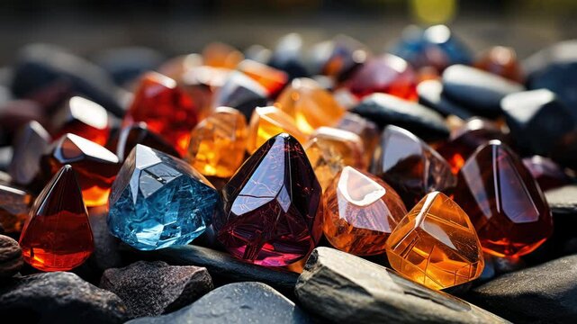 Colorful gemstones. Natural minerals. Multicolored shiny stones close-up.