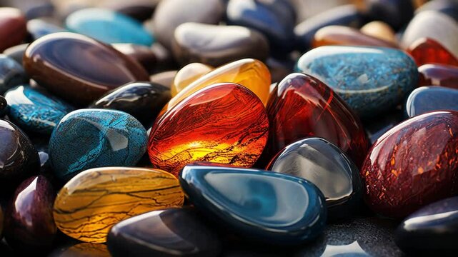 Colorful gemstones. Natural minerals. Multicolored shiny stones close-up.