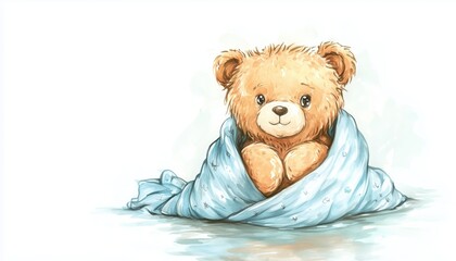 Adorable Teddy Bear Holding Blanket: Delicately Hand-Drawn Design For Baby Shower Invitations Or Greeting Cards, Featuring A White Background.