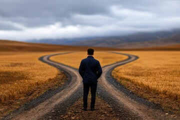 A solitary figure stands at a crossroads in a vast, open landscape, contemplating a decision as two paths diverge in front of him under a cloudy sky.