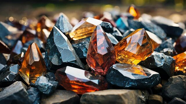 Colorful gemstones. Natural minerals. Multicolored shiny stones close-up.