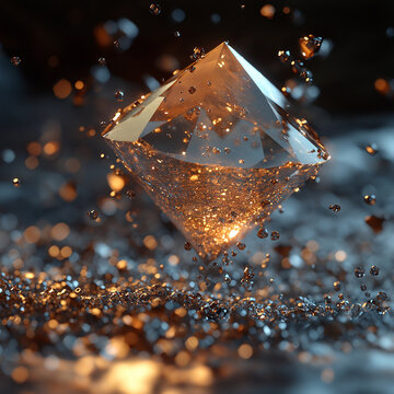 Schwebender Kristall mit Lichtfunken: transparenter Kristall schwebt &uuml;ber funkelnder Oberfl&auml;che mit goldenen Lichtpartikeln. Das magische Objekt mit warmem Gl&uuml;hen erzeugt eine mystische Atmosph&auml;re