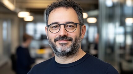 Fototapeta premium A man with glasses and a beard smiles confidently in a modern office space, embodying professionalism and warmth.