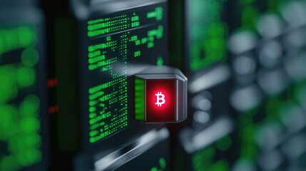 Digital currency symbol illuminated against backdrop of glowing