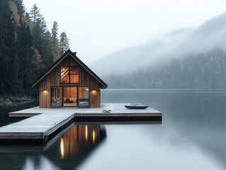 Fototapeta premium Exclusive lakeside property with boathouse and private dock, tranquil luxury