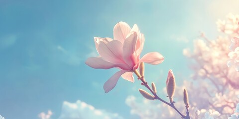 Fototapeta premium A close up of a beautiful pink magnolia flower on a blue backdrop