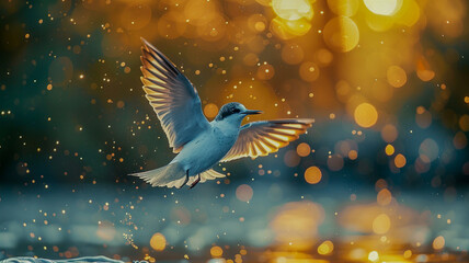 Obraz premium A bird with outstretched wings mid-flight against a backdrop of golden bokeh lights, creating a magical and serene atmosphere.