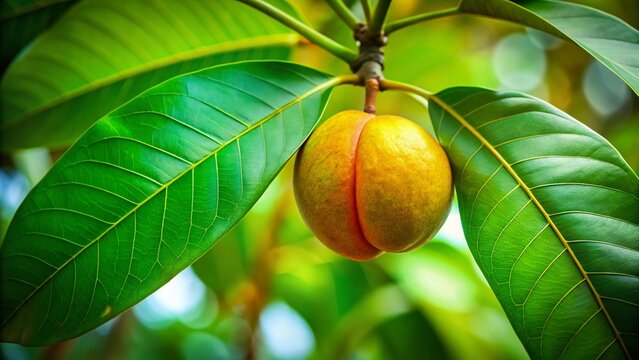 Macro Photo: Elephant Apple Fruit on Dillenia Indica Tree Branch with Lush Green Leaves