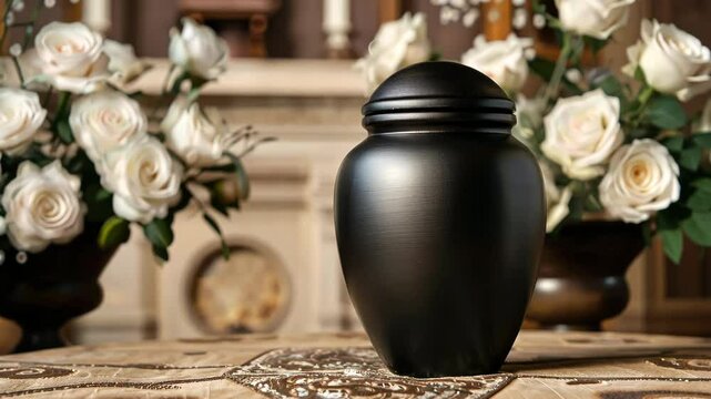Black urn with cremated remains and white roses. Memorial service.
