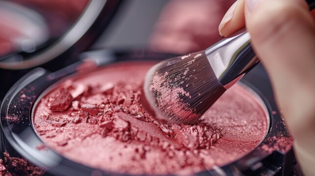A hand is holding a makeup brush applying blush powder from an open compact. The area is bright and focused on makeup application, creating a flawless beauty look.