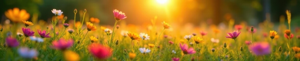 Obraz premium Golden hour light bathes vibrant wildflowers in a lush meadow , grassland, botany, flowers