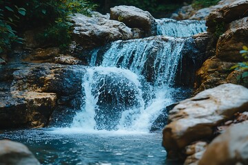 A Beautiful Waterfall Cascading Over Rocks In A Serene Forest