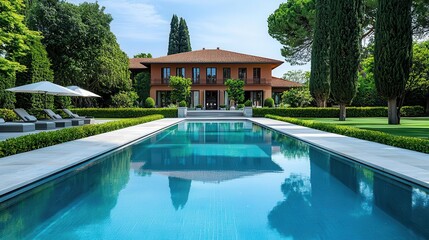 Architectdesigned mansion with terraced gardens and reflecting pools, modern sophistication