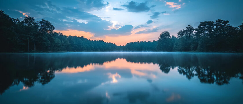Serene lake reflecting sunrise, mist shrouding tranquil forest