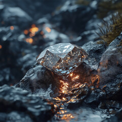 Eisklumpen oder Kristall mit glühenden orangefarbenen Lichtreflexen zwischen dunklen Steinen oder Felsen, mystische Naturaufnahme im Low-Key-Stil